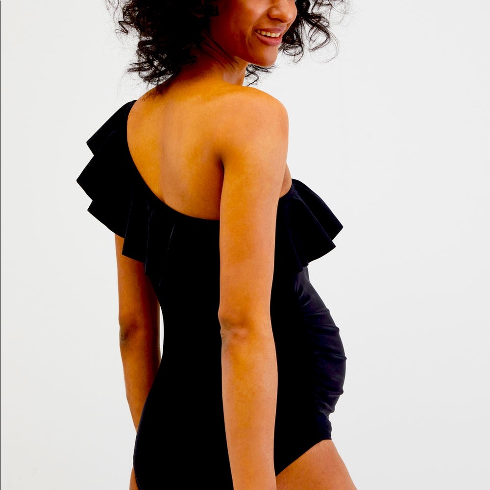 A black, one ruffle shoulder, Motherhood Maternity swimsuit